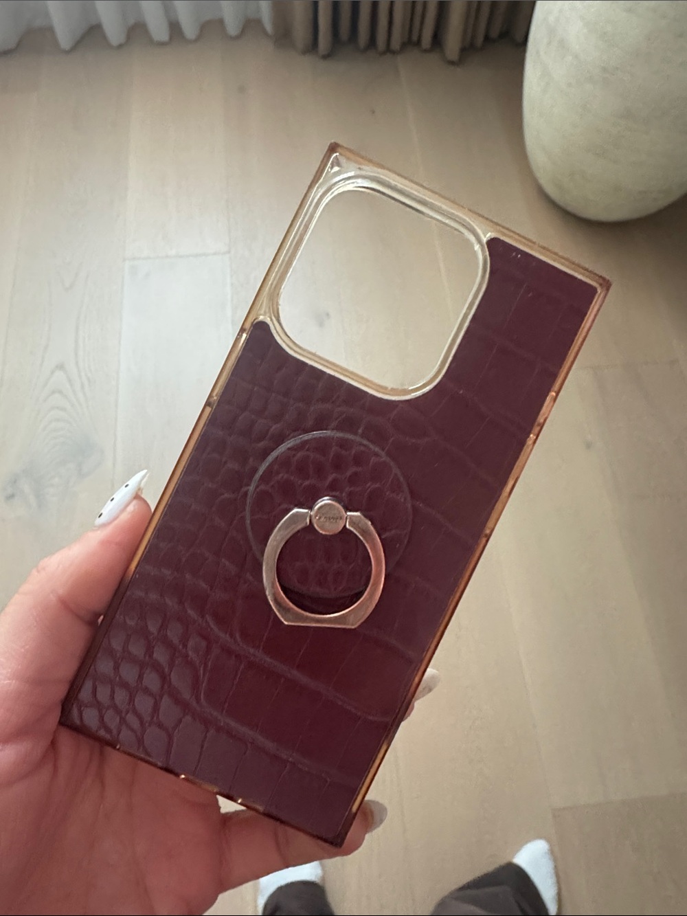 FLAUNT Leather-Texture Phone Case with Ring Holder - Burgundy